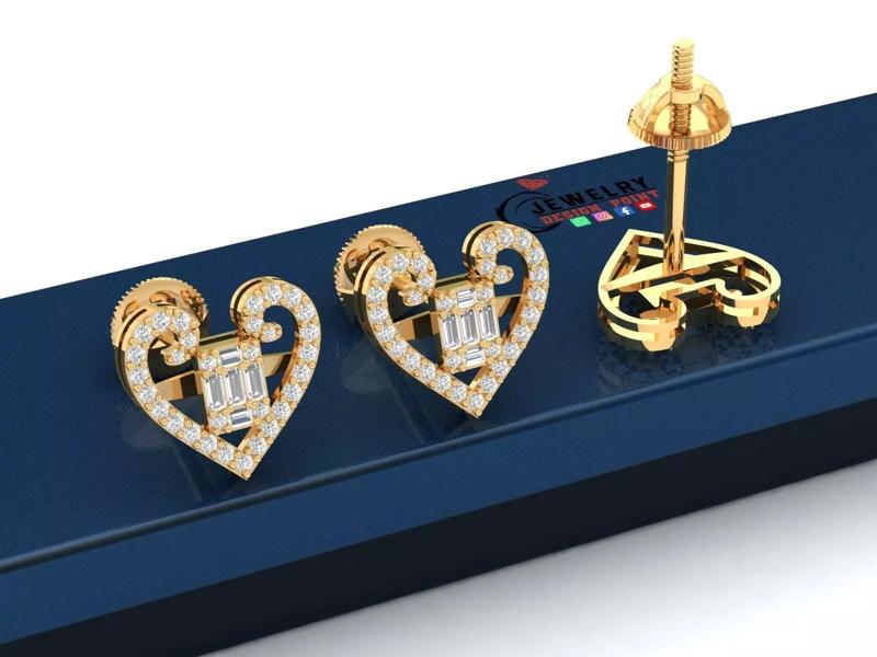 Custom Heart with Baguette Cluster Earrings Studs - Unisex 16mm