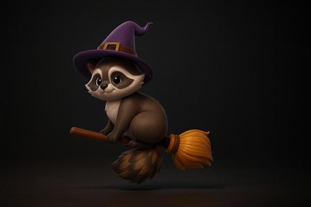 Cute Raccoon Witch on Broomstick – Adorable Halloween Model, Spooky Season Figurine, Fantasy Home Decor