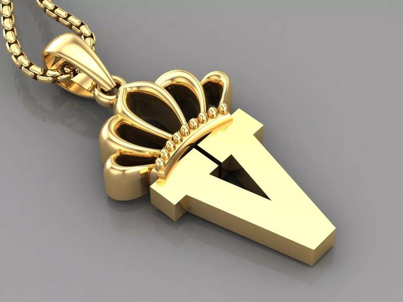 V Crown Letter Initial Pendant in 10kt Yellow Gold Cad Design