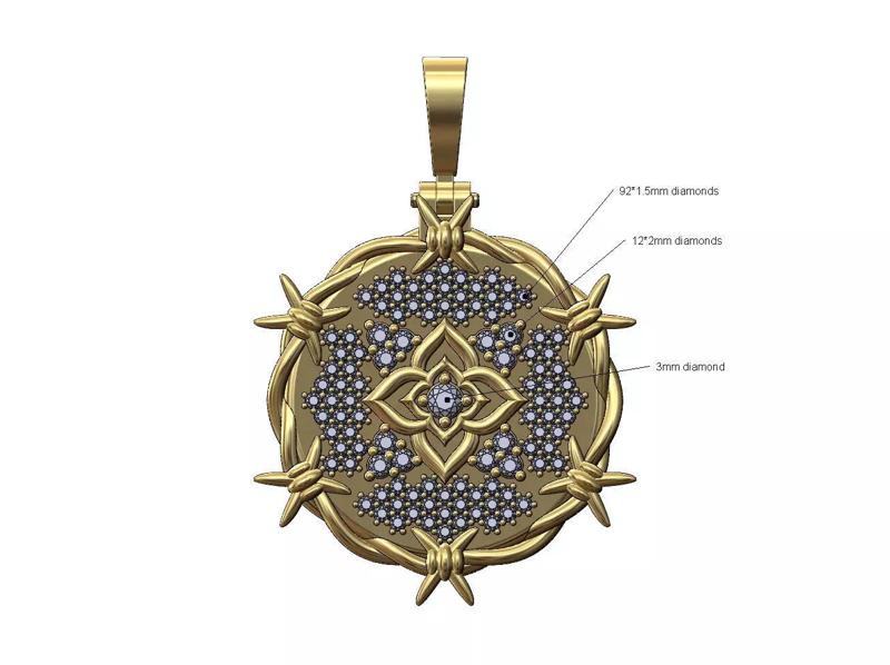 Barbwire thornes Iced diamond oriental flower pendant