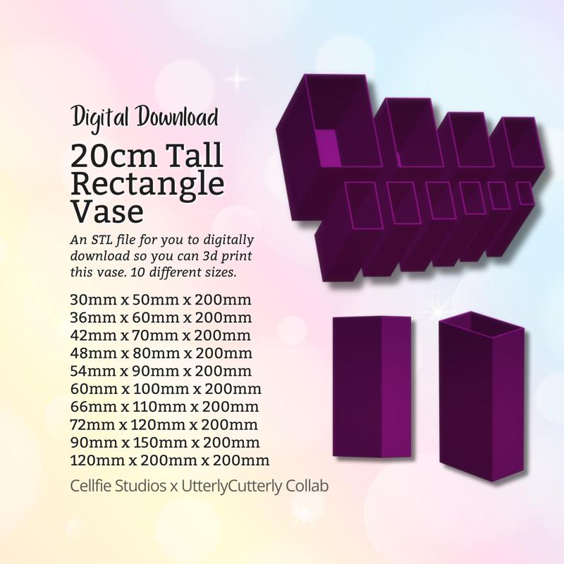 20cm Tall Rectangle Vase STL File - Digital Download -10 Sizes- Homeware, Minimalist Modern Design