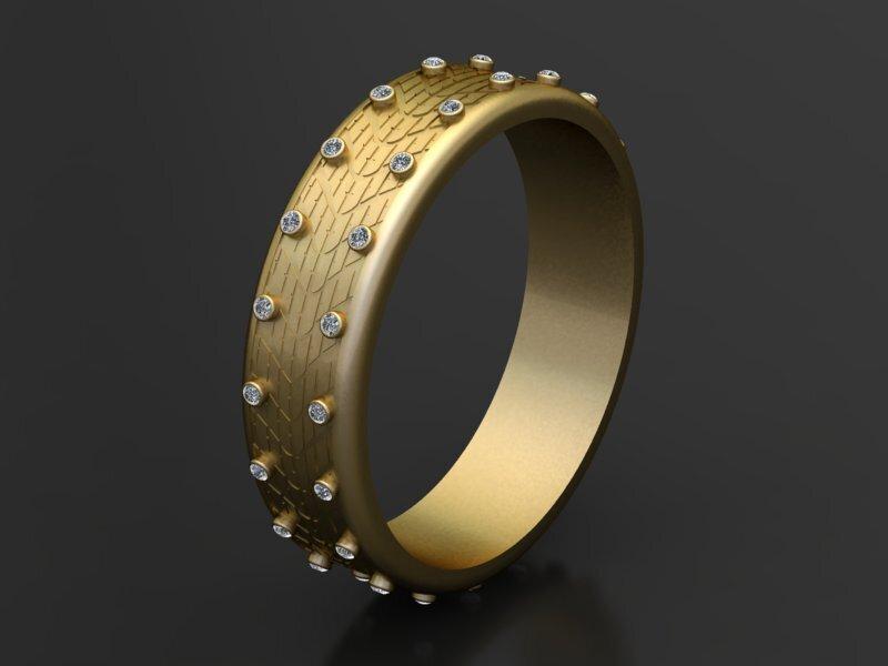 Textured Gold Band Ring with Embedded Diamonds