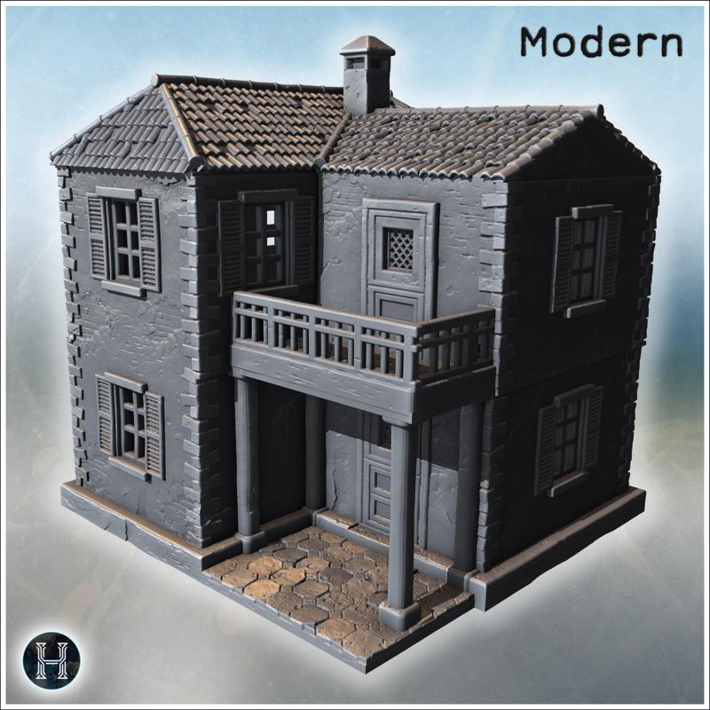 Two-story stone house with tile roof, upper balcony, and symmetrical shuttered windows (70) - Modern WW2 WW1 World War Diaroma Wargaming RPG Mini Hobby