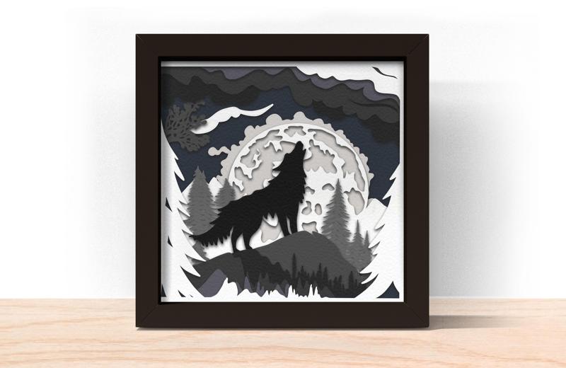 3D HOWLING WOLF UNDER MOONLIGHT SHADOW BOX STL