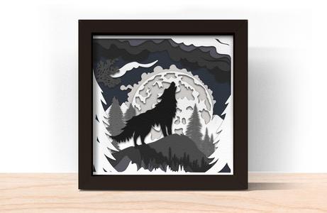 3D HOWLING WOLF UNDER MOONLIGHT SHADOW BOX STL