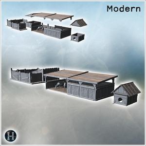 Wooden animal pens and shelters in a fenced area (6) - Modern WW2 WW1 World War Diaroma Wargaming RPG Mini Hobby