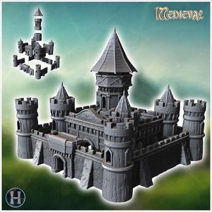 Large medieval castle with concave-roofed keep and imposing surrounding wall with defensive towers (1) - Medieval Gothic Feudal Old Archaic Saga 28mm 15mm RPG
