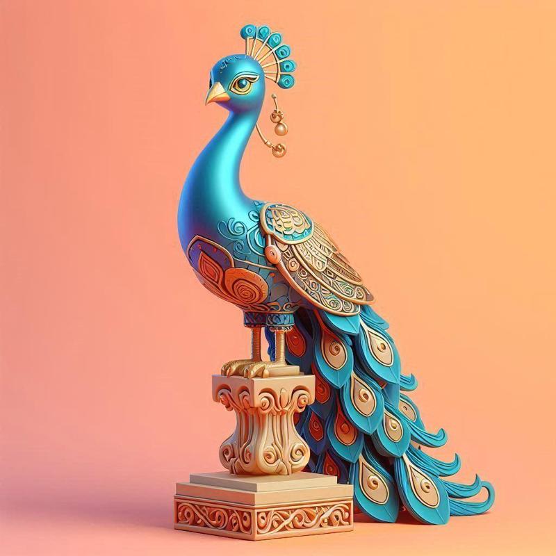 1168 Colorful 3D Model of a Peacock on Base, totem, pug, dachshund, poodle, rooster, dog, dogue, beagle, peacock, lion, fox, bull terrier, pomeranian, galgo, wolf, doberman pinscher, newfoundland, decorative, crocodile