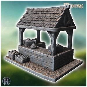 Fruit stand with a shingled roof, wooden framework, and baskets of fruit on the counter (42) - Medieval Gothic Feudal Old Archaic Saga 28mm 15mm RPG