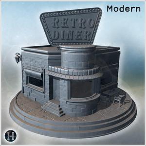 Vintage-style diner with a large rooftop sign, steps leading to a curved doorway (20) - Modern WW2 WW1 World War Diaroma Wargaming RPG Mini Hobby