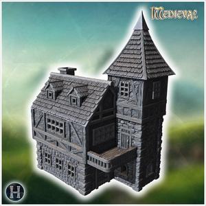 Towered medieval building with a wooden balcony, stone base, and steeply pitched roof (28) - Medieval Gothic Feudal Old Archaic Saga 28mm 15mm RPG