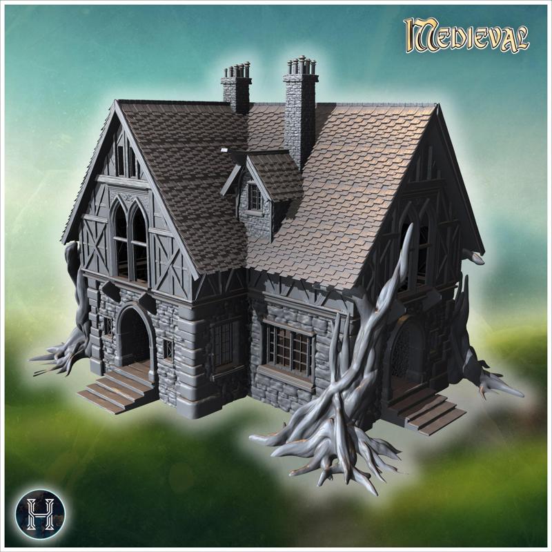 Manor house with gnarled roots spreading over stone foundation, intricate wooden designs (49) - Medieval Gothic Feudal Old Archaic Saga 28mm 15mm RPG