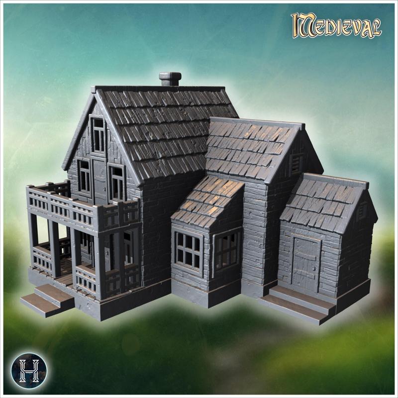 Large multi-wing wooden house with extended porch and steep shingled roofs (67) - Medieval Gothic Feudal Old Archaic Saga 28mm 15mm RPG