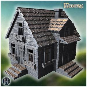 Compact house with steep roof, stone base, and decorative wooden details (58) - Medieval Gothic Feudal Old Archaic Saga 28mm 15mm RPG