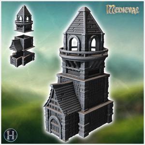 Stone tower with a hexagonal upper deck and detailed archways (21) - Medieval Gothic Feudal Old Archaic Saga 28mm 15mm RPG