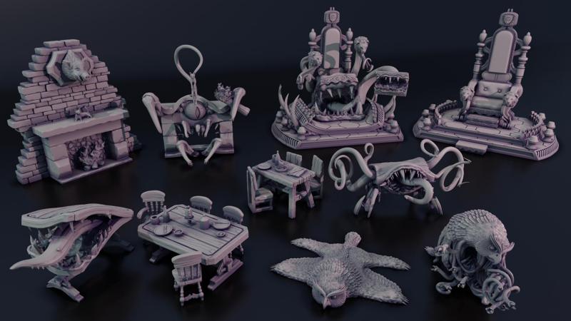 Big Mimic Pack - Tabletop RPG Monsters, Fireplace, Throne, Tables & Bottles