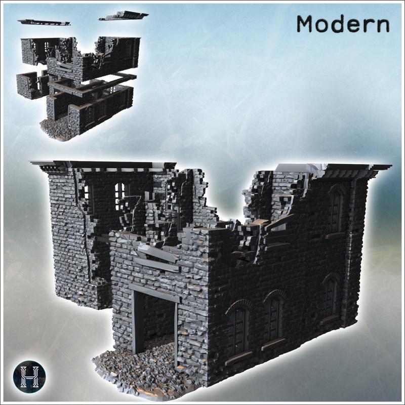 Brick building with missing sections, collapsed floors, and debris scattered inside (7) - Modern WW2 WW1 World War Diaroma Wargaming RPG Mini Hobby