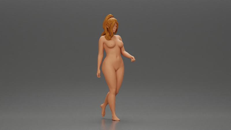 Naked girl walking with long hair