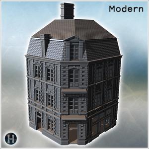 Tall corner building with ornate details, mansard roof, and multiple windows on each floor (Carentan, Normandy 1944, France) (22) - Modern WW2 WW1 World War Diaroma Wargaming RPG Mini Hobby