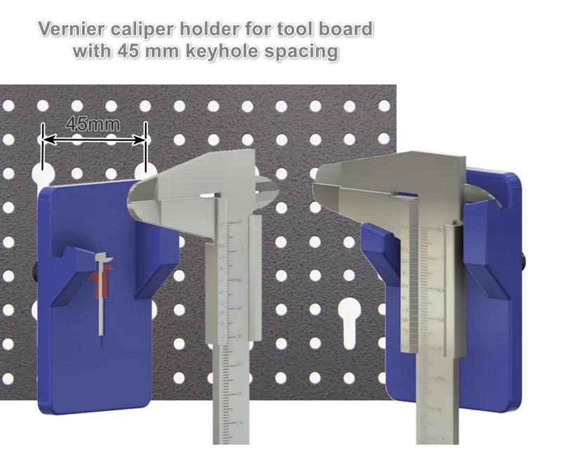 Vernier caliper holder for tool board with 45 mm keyhole spacing   
