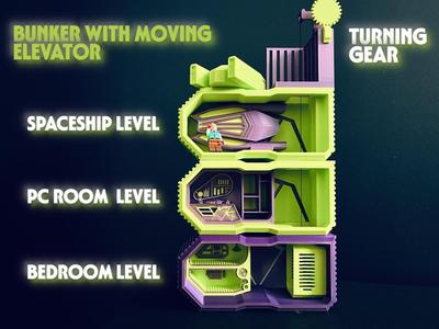 Expandable bunker with moving elevator & spaceship