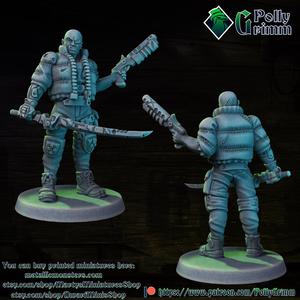 Tabletop miniature sci-fi cyberpunk fantasy. Orc warrior street samurai