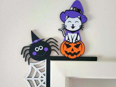 Cat sitting on a pumpkin Halloween door corner