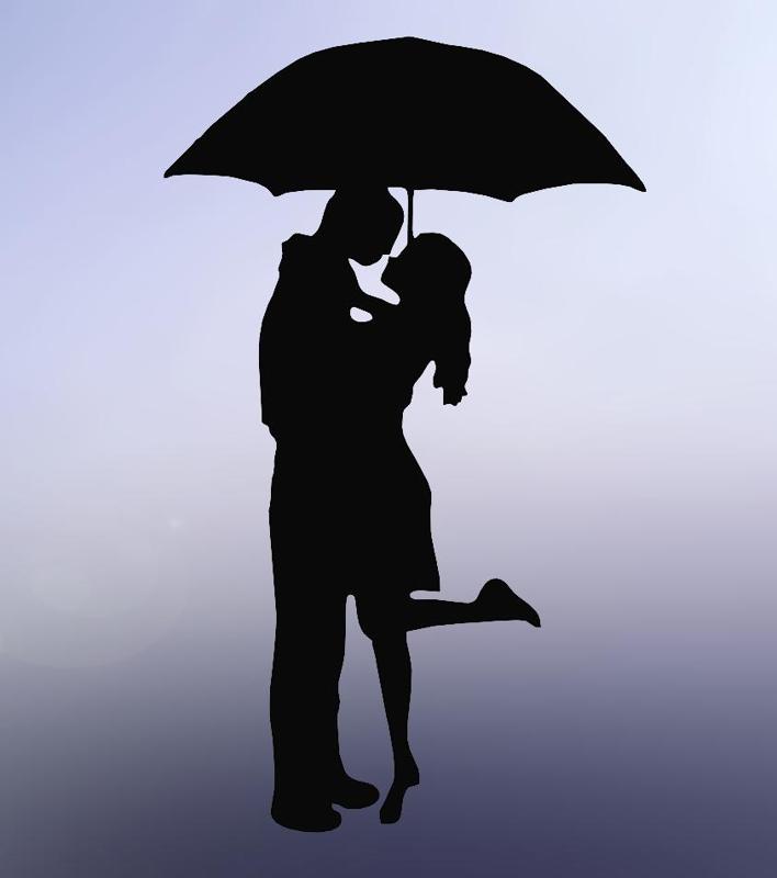 Romantic Kiss: Line Art of Lovers Under an Umbrella
