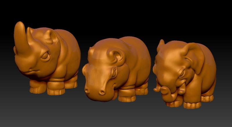 Three treasures of Africa, rhinoceros, elephant, hippopotamus