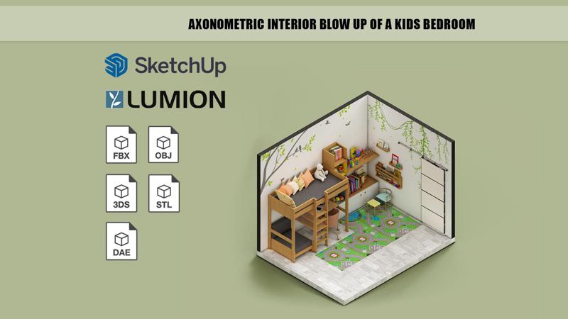 Axonometric interior blow up of a kids bedroom