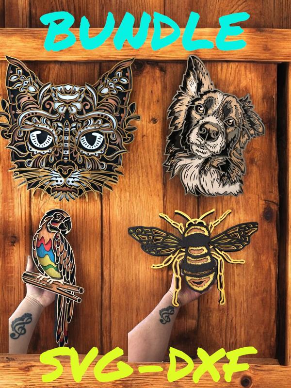 Multilayer laser cut animal bundle, SVG and DXF digital files, 3D mandala, plywood cut file