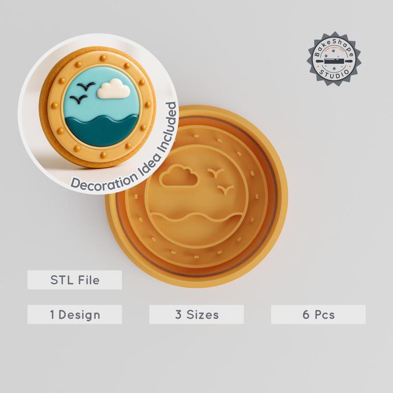 Ship Porthole Cookie Cutter & Fondant Stamp, Ocean View Design, Set of 6, Sizes S/M/L, Nautical Baking Tool PRODUCT_1140
