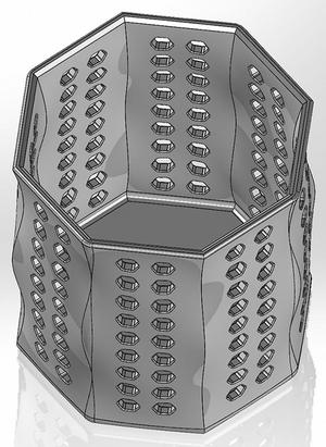 Twisted pencil box made of octagons and circles with hexagonal holes on the side