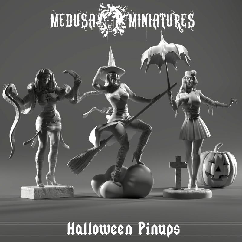 Halloween Pinups - Witch, Mummy, and Vampire Girl STL Miniature Set