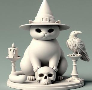 121 Witch Cat with Skull, Raven, and Candlestick - Ivory-Style Figurine , character, monster, fantasy, art, sculpture, model, animal, 3d model, statue, creature, magic121 , 3d print, collectible, cat, wood, dragon, sword, base, warrior, wild