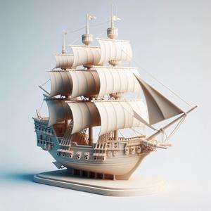 194 Pirate Sailing Ship with Cannons - Ivory-Style Minimalist Model, character, monster, fantasy, art, sculpture, model, animal, 3d model, statue, creature, magic, 3d print, collectible, cat, wood, dragon, sword, base, warrior, wild, dog