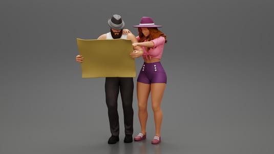 travel man holding map with travel woman pointing her next destination using world map