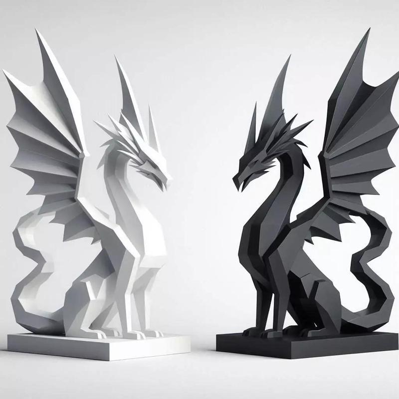 Minimalist Geometric Dragon Sculptures Black and White Pair