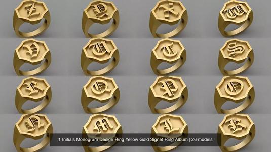 1 Initials Monogram Design Ring Yellow Gold Signet Ring Album 3D Model Collection