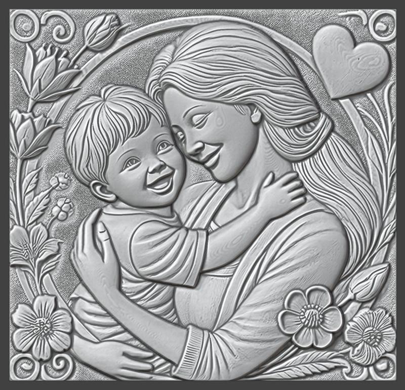 Embracing Love: Mother and Child Art, Bas-Relief, 3d Print, CNC Stl Model