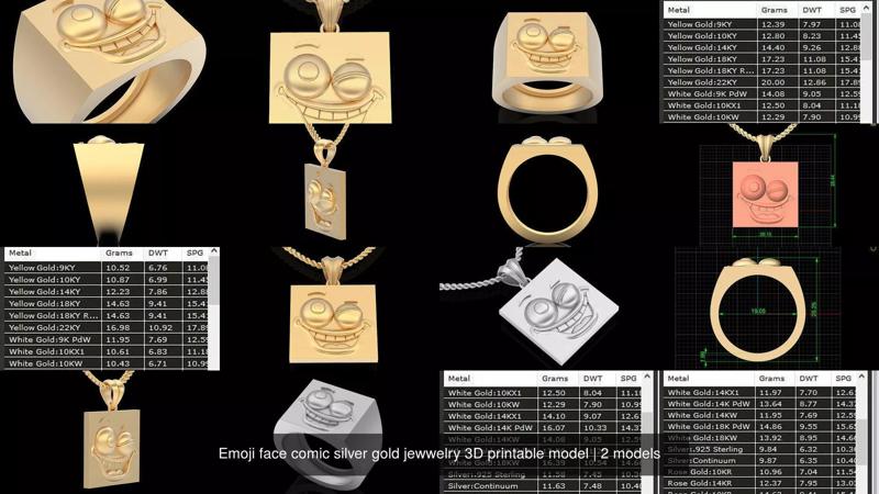 Emoji face comic silver gold jewwelry 3D printable model 3D Model Collection