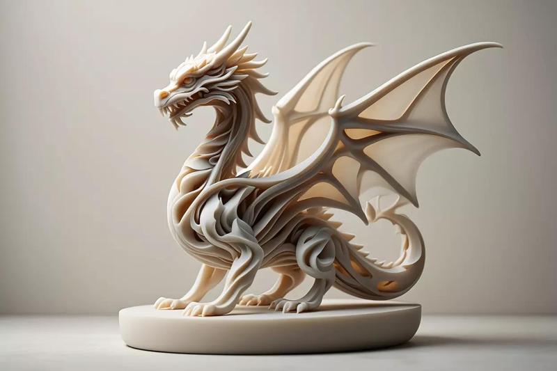 Stylized Dragon Sculpture with Elegant Wings on Round Pedestal