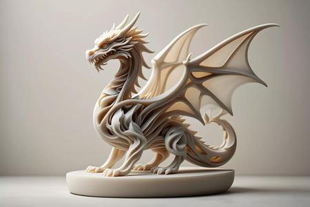 Stylized Dragon Sculpture with Elegant Wings on Round Pedestal