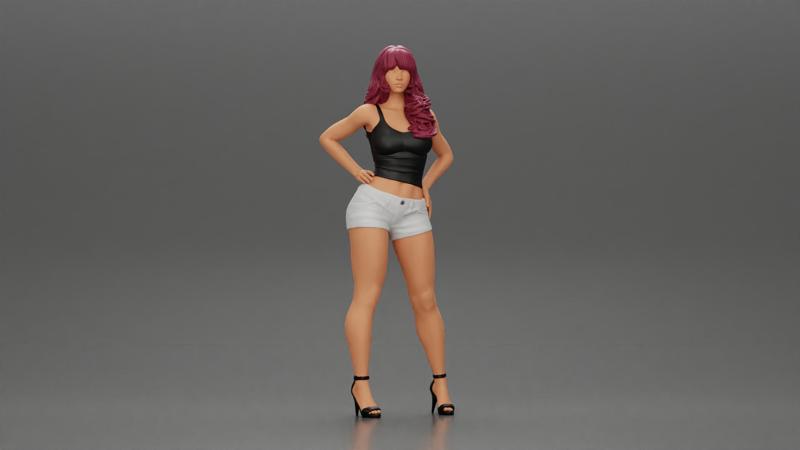 Asian girl posing in shorts next to a car