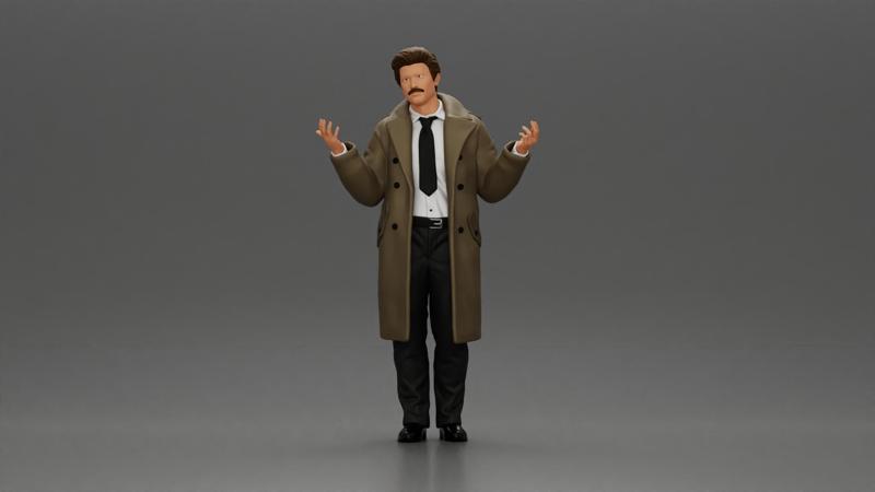 police detective in a coat standing with hands wide open