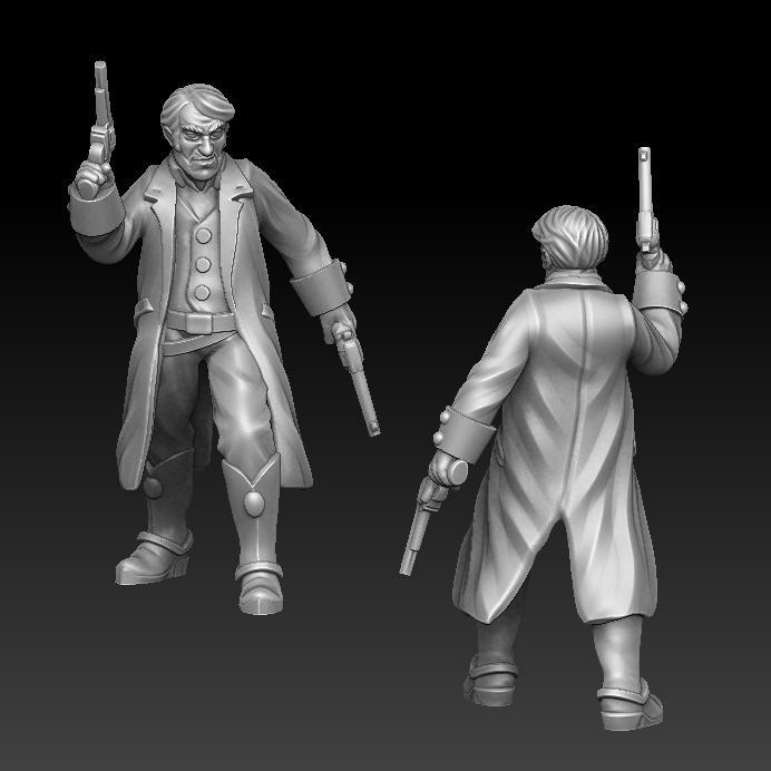 Wild west cowboy gunslinger shoots dual guns without hat