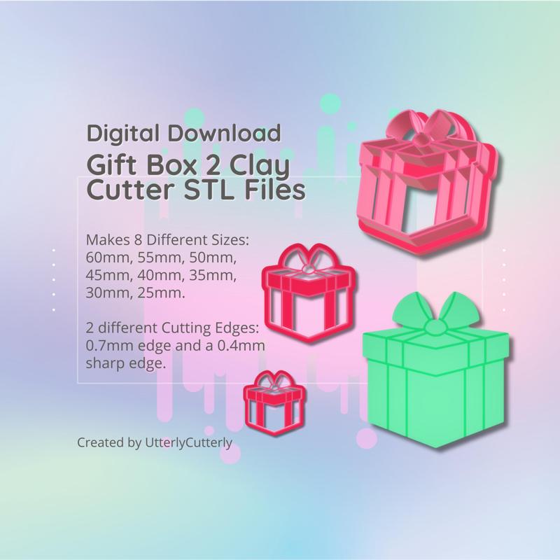 Clay Cutter STL File - Gift Box 2 - Christmas Present Earring Digital File Download- 8 sizes and 2 Cutter Versions, cookie cutter