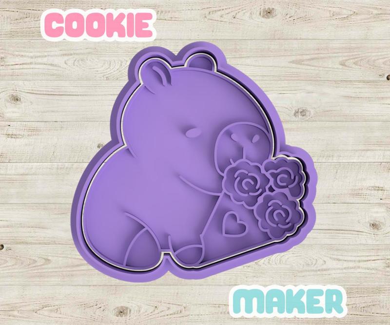 Capybara with flower bouquet cookie and dough cutter - Animal Cookies