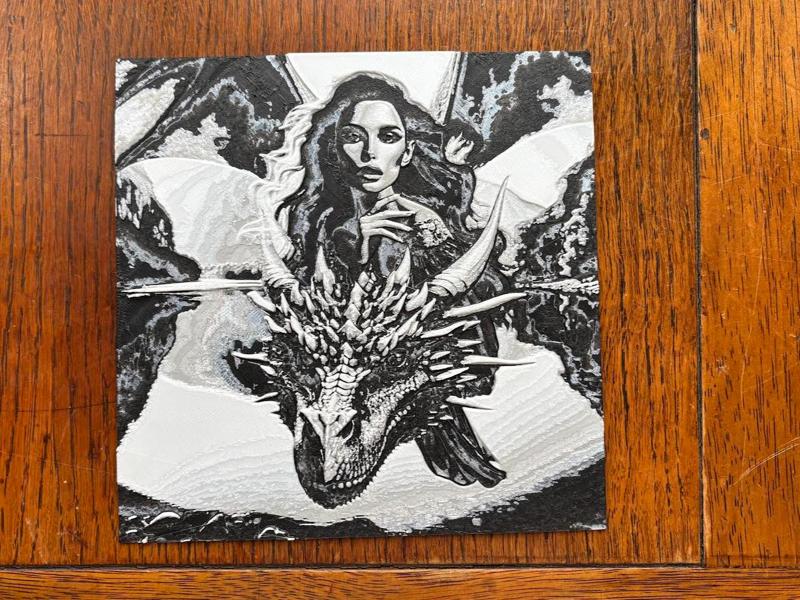 hueforge lady and dragon flying