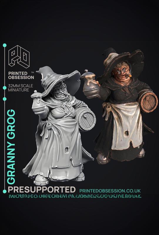 Granny Grog - Black Witch - PRESUPPORTED - Illustrated and Stats - 32mm scale 